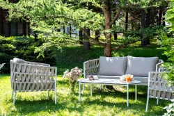 "Диего" лаунж-зона 4-местная плетеная из роупа (веревки), каркас алюминиевый белый, роуп бежевый