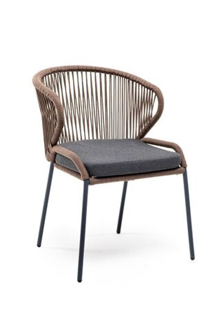 "Милан" стул плетеный из роупа, каркас алюминий серый (RAL7022) муар, роуп коричневый круглый, ткань темно-серая 027