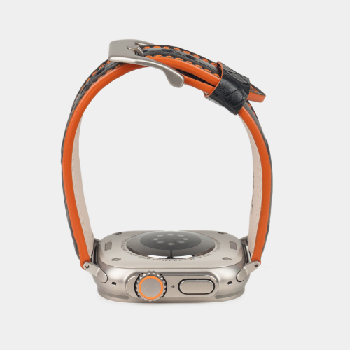 Ремешок для Apple Watch Ultra 49mm из кожи крокодила черного цвета с оранжевой строчкой