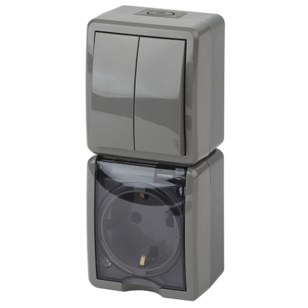 Блок розетка с выключателем ЭРА Эксперт 11-7408-03 двойным вертикальным IP54 16A-10AX-250В ОУ серый