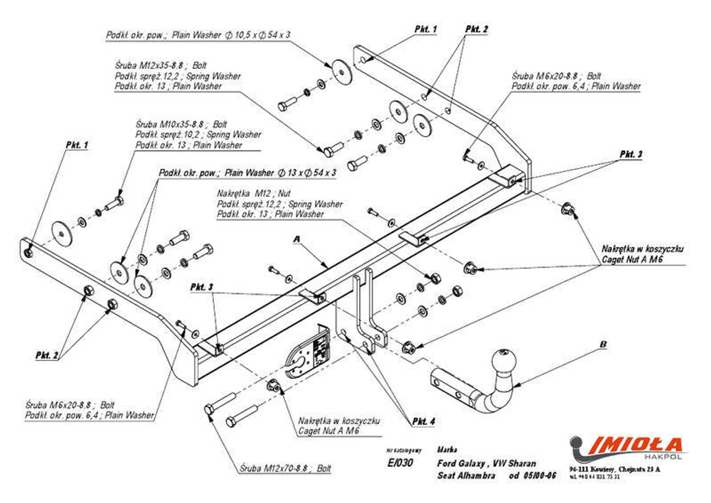 Фаркоп IMIOLA E.030 Ford Galaxy, SEAT Alhambra, Volkswagen Sharan 2000-2010 (паспорт и сертификат в комплекте)(без электрики)