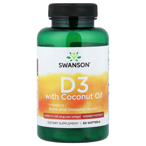 Swanson, витамин D3 с кокосовым маслом, максимальная эффективность, 60 мягких таблеток