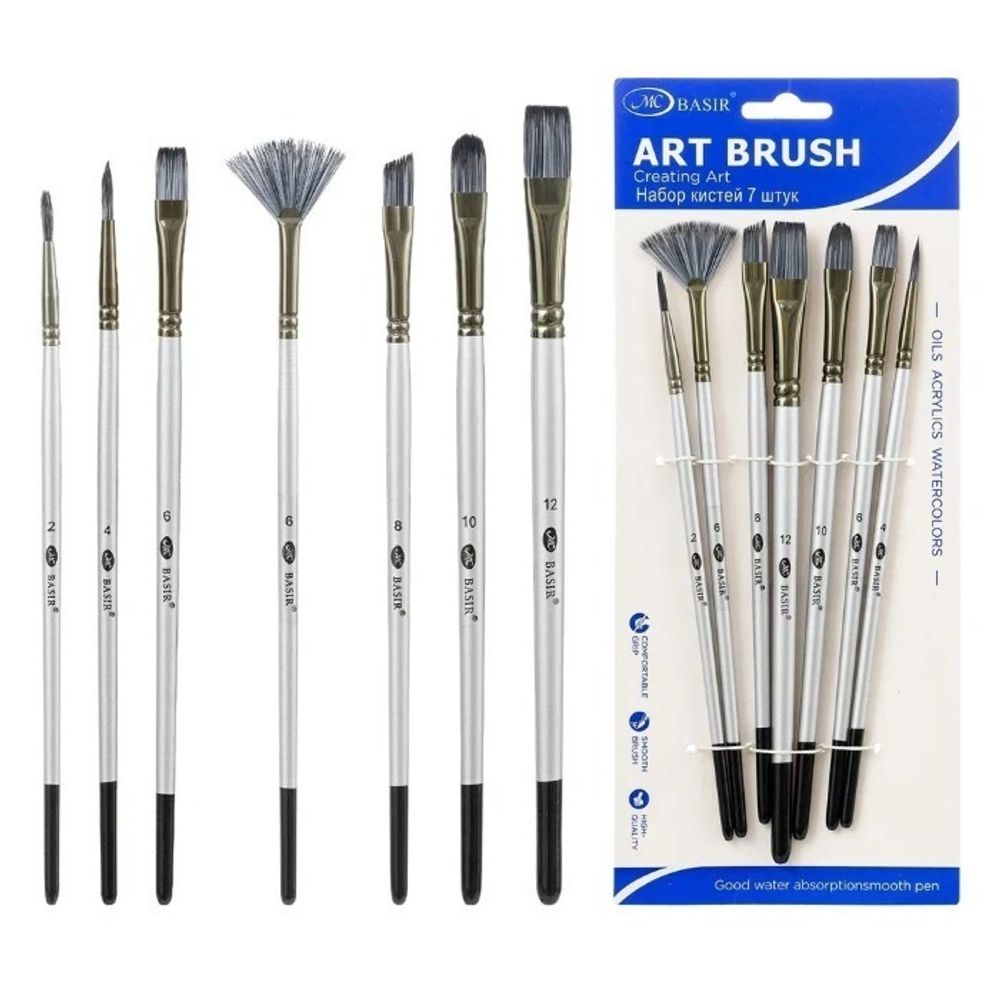 Кисть для рисования Basir художественная, нейлон, плоские, № 2,4,6,6,8,10,12, белый корпус, набор из 7 шт