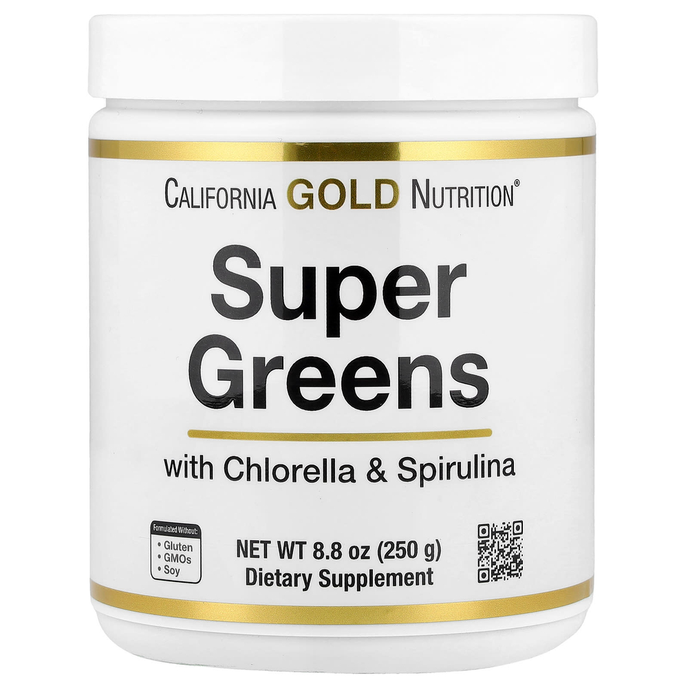 California Gold Nutrition, суперзелень со спирулиной, хлореллой, келпом и яблочным пектином, 250 г (8,8 унции)