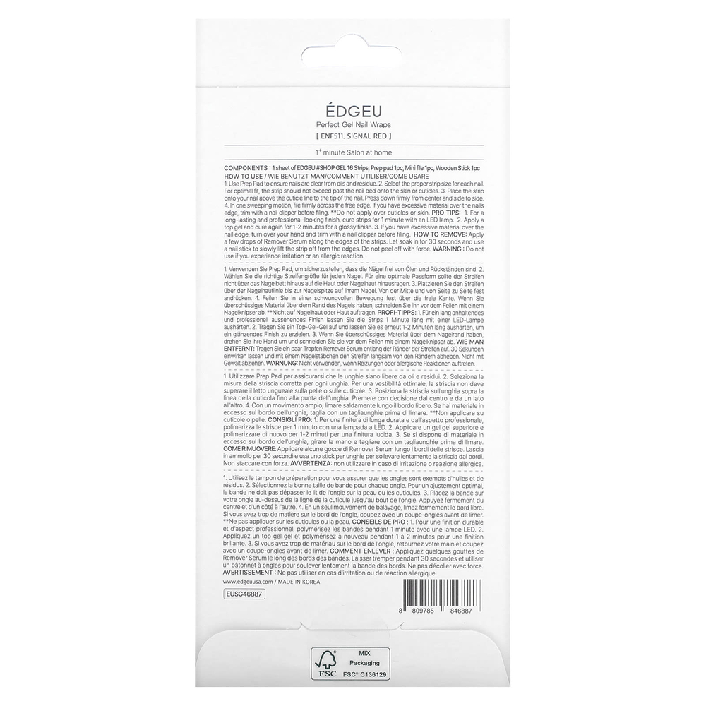 Edgeu, Гелевые обертывания для ногтей Perfect, ENF 511, красный, набор из 19 предметов
