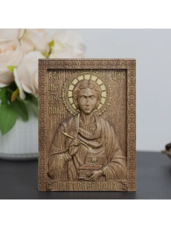 Пантелеймон Целитель икона деревянная резная, ясень