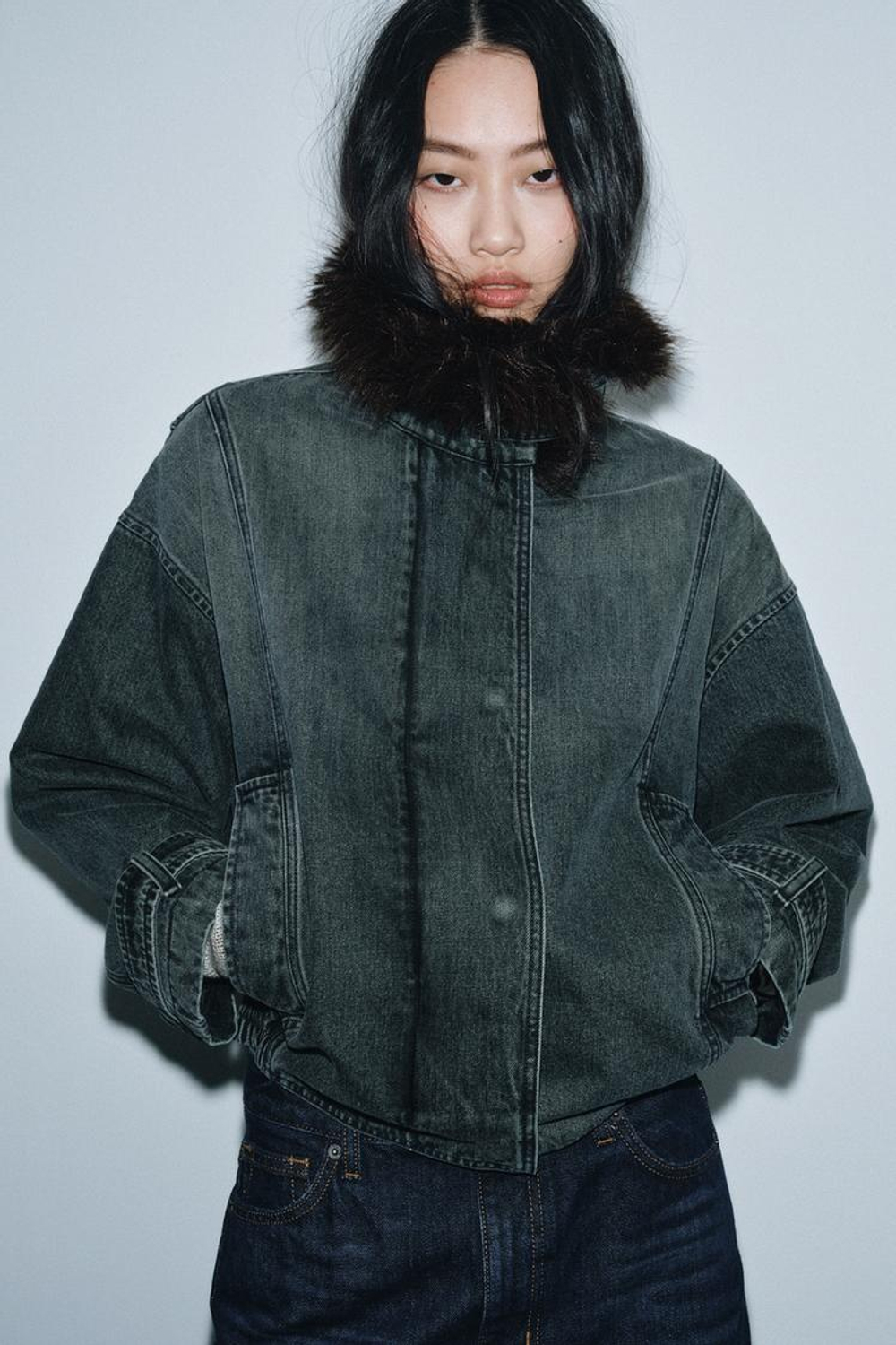 ZARA ДЖИНСОВАЯ КУРТКА-БОМБЕР — ZW COLLECTION, СИНИЙ