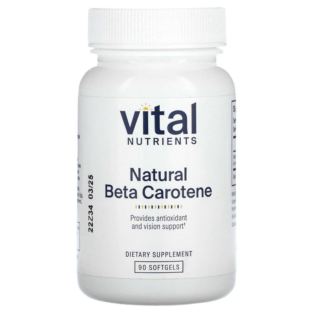 Vital Nutrients, Натуральный бета-каротин, 90 мягких таблеток (7500 мкг RAE в одной капсуле)