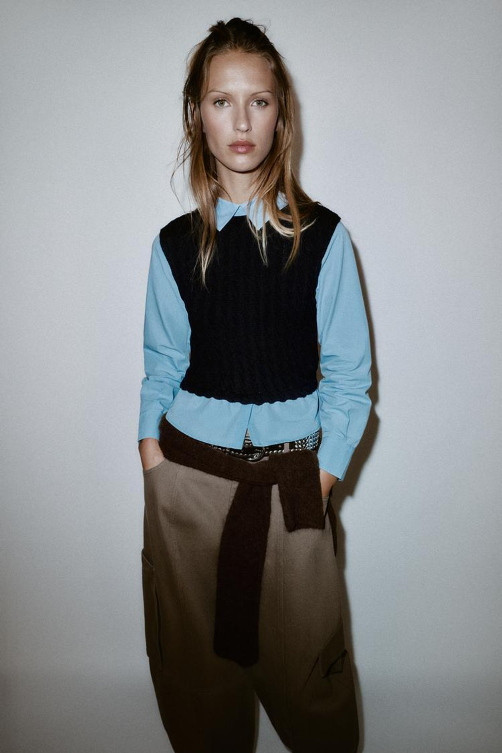 ZARA КОМБИНИРОВАННАЯ РУБАШКА ИЗ ПОПЛИНА, МОРСКОЙ СИНИЙ