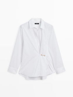 Massimo Dutti Рубашка из 100% хлопкового поплина с металлической деталью, белый
