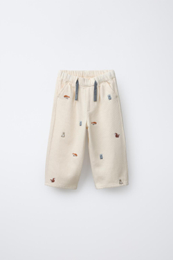 ZARA БРЮКИ BAGGY SOFT TOUCH С ВЫШИВКОЙ В ВИДЕ ЖИВОТНЫХ, ЭКРЮ