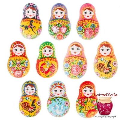 Сахарные фигурки Медальоны МАТРЕШКИ ГОРОДЕЦ, 45*30 мм, 10 шт.