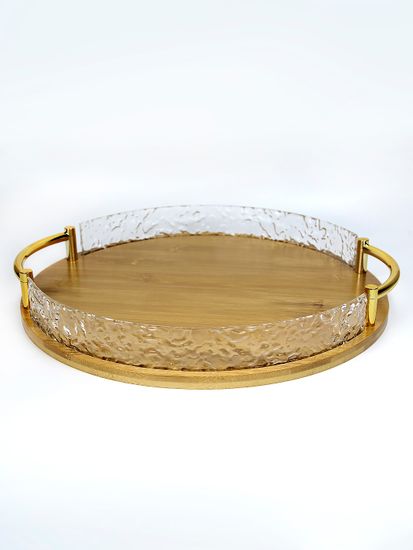 Поднос круглый 35 см. из бамбука с золотистыми ручками и бортиками из акрила