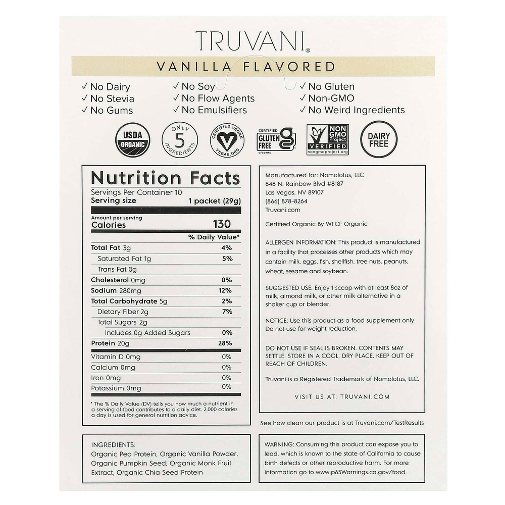 Truvani, протеин на растительной основе, со вкусом ванили, 10 пакетиков по 29 г (1,02 унции)