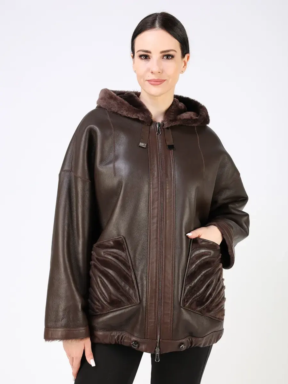 Дубленка зимняя двухсторонняя шуба с капюшоном