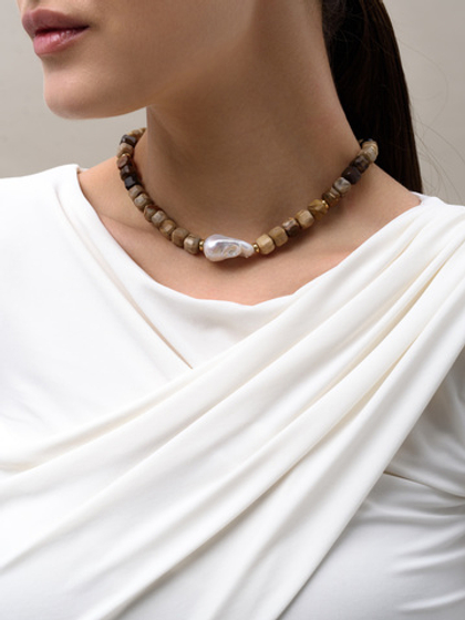 Колье "Pearl caramel " Gold тигровый глаз