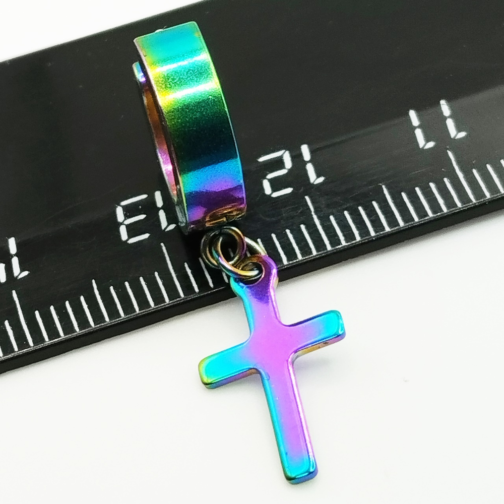 Серьга кольцо с подвеской "Крест" для пирсинга уха. Сталь 316L, радужное анодирование. Цена за одну штуку.