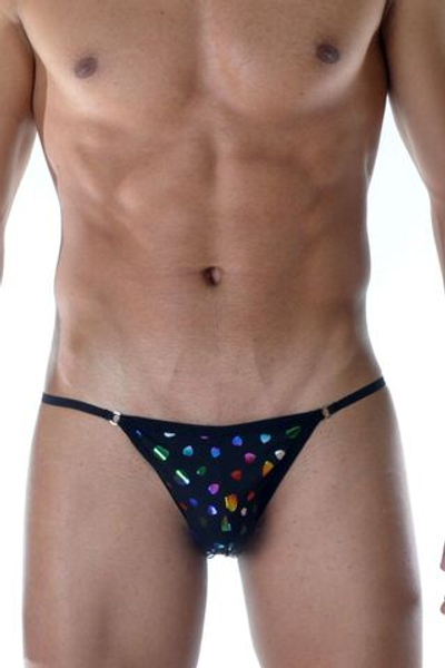 Черные мужские трусы-танга с разноцветными сердечками (Размер: S) (Цвет: черный)