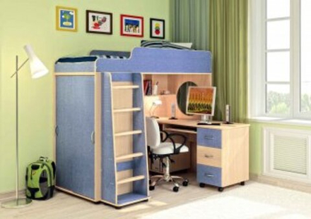 Кровать-чердак КарИВи Легенда 5.2  Дуб Молочный Светло-синий, голубой