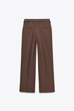 ZARA БРЮКИ С ОТВОРОТАМИ И РЕМНЕМ, КОРИЧНЕВЫЙ