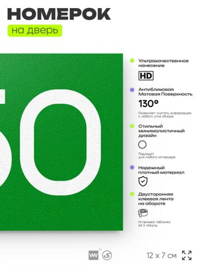 Номер на дверь 350, табличка на дверь для офиса, квартиры, кабинета, аудитории, склада, зеленая 120х70 мм, Айдентика Технолоджи