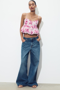 ZARA ТОП ИЗ ТКАНИ С ПРИНТОМ С АЖУРНОЙ ВЫШИВКОЙ, РОЗОВЫЙ/БЕЛЫЙ