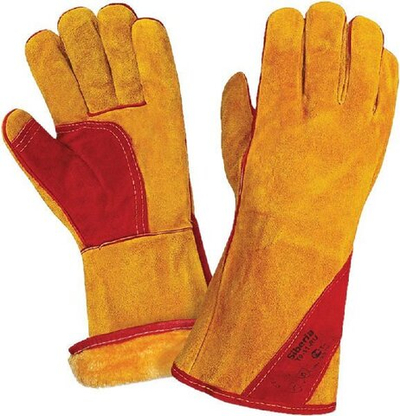 Краги 87458607 спилковые утепл.(иск.мех) желтые с красным усилением нить Кевлар (тип СИБИРЬ)