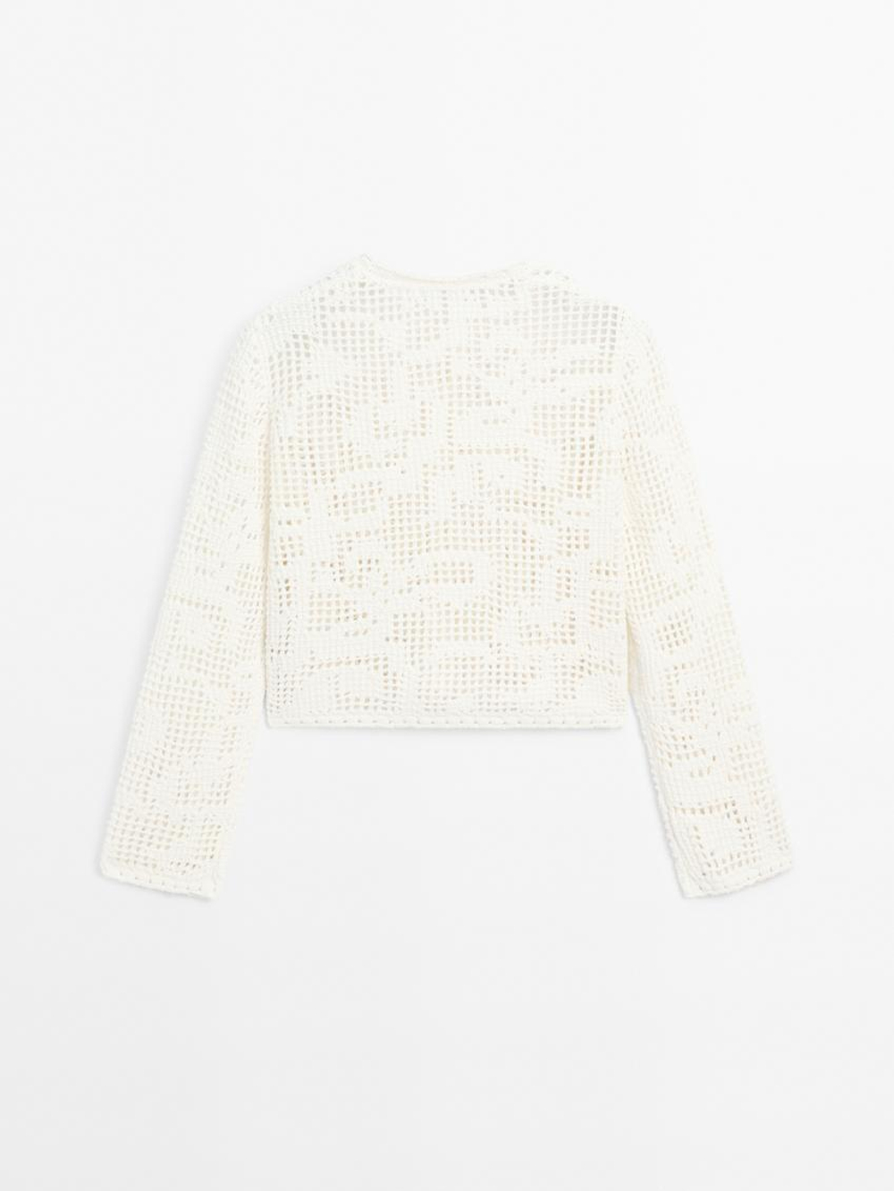 Massimo Dutti Кардиган из кружева кроше с пуговицами со стразами, натуральный, кремовый