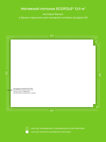 Матовый натяжной потолок 13.9 м2