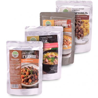 Набор 4шт Готовый обед на два дня: Щи, Суп-пюре тык. с кур. - Гуляш, Картоф. с сердечками (Кронидов)