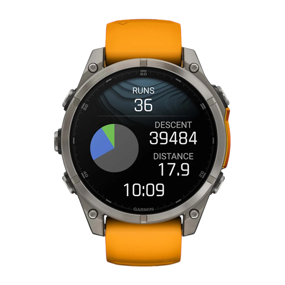 Спортивные часы Garmin fenix 8, 47 мм, AMOLED, титан, сапфир, силиконовый ремешок цвета «оранжевая искра»/графитовый Безель из титана, AMOLED-дисплей. Ремешок с классической застёжкой — на запястье обхватом 125–208 мм
