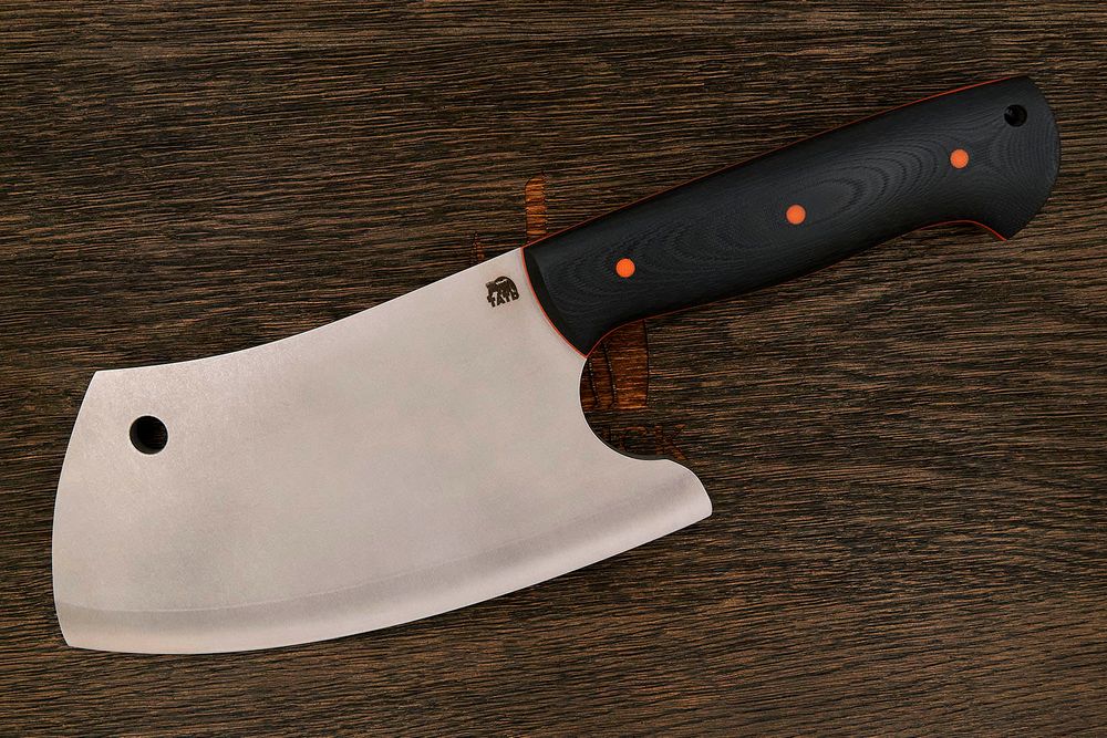 Топорик кухонный Мастерской Тать 190мм, сталь 50Х14МФ, G-10 черный (оранжевый спейсер)