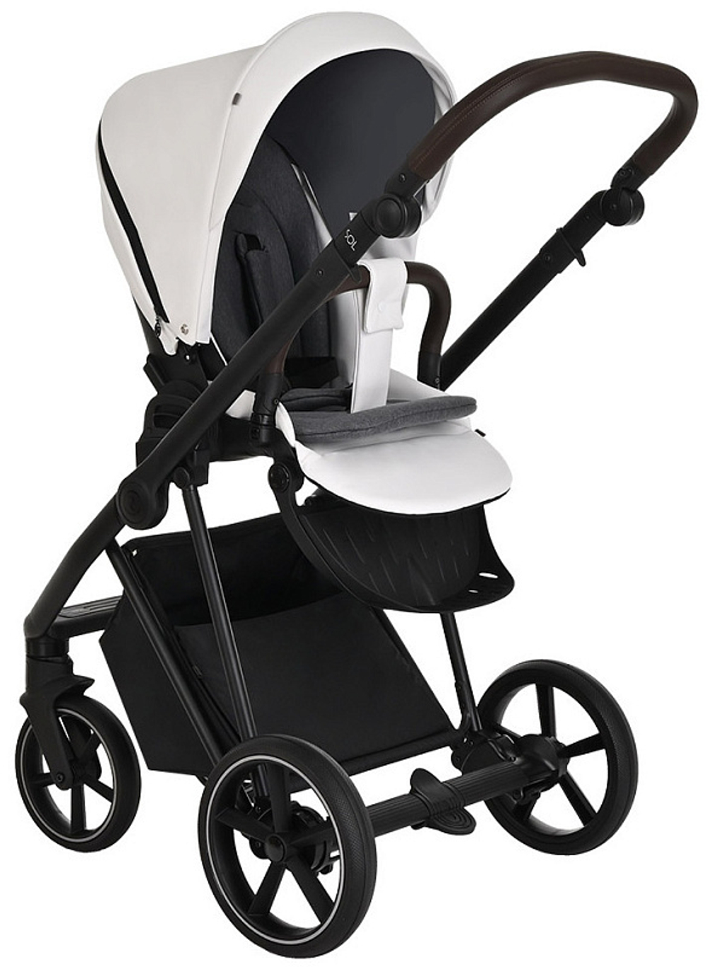 Детская коляска Roan Sol Кожа 3 в 1 с автокреслом Tutis Elo Lux Black RSL/2024 White/Black/руч.Тем.коричневый