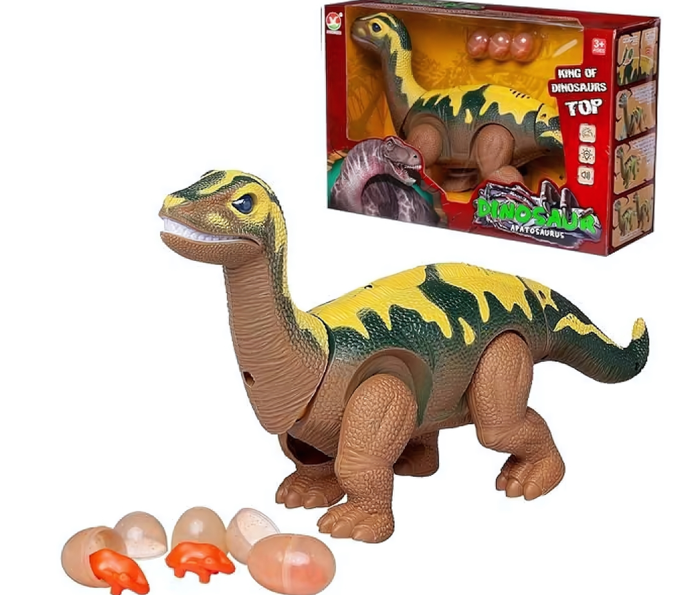 Динозавр Апатозавр коричневый. Ходит, откладывает яйца, свет/звук WB-00700/коричневый (Junfa)