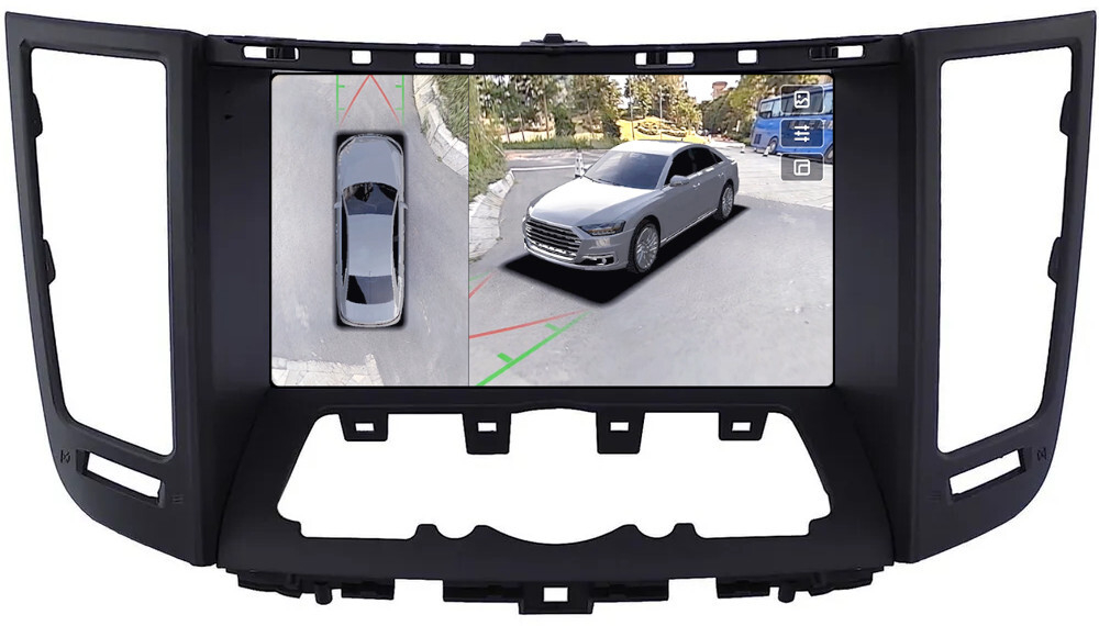 Магнитола для Infiniti FX35, FX37, FX50, FX30D, QX70 S51 2008-2018 (рамка тип 2 черная матовая) - Teyes CC3-2K-360 монитор 9.5" 2K QLED на Android 10, 6Гб+128Гб, CarPlay, 4G SIM-слот, 4 камеры в комплекте