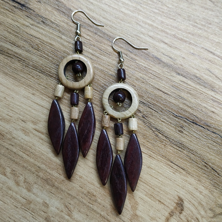 Серьги Кольцо с ромбиками, дерево, цвет коричневый, вишневый, 20x70 мм