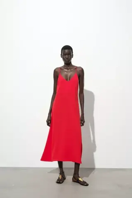 ZARA ПЛАТЬЕ ДЛИННОЕ СТРУЯЩЕГОСЯ ПОКРОЯ, КРАСНЫЙ