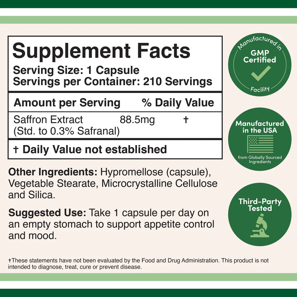 Double Wood Supplements - Saffron Extract - 210 x 88.5 mg capsules