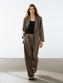 Massimo Dutti Брюки прямого кроя из смесового льна с защипами, хаки