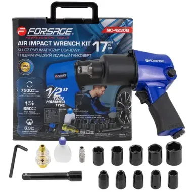 Пневмогайковерт ударный ''Twin Hammer''с реверсом и регулировкой усилия+набор головок 1/2''(9-27мм,690Hм, 7500 об/мин,6.3bar,вес 2.9кг)в кейсе Forsage F-NC-4230Q