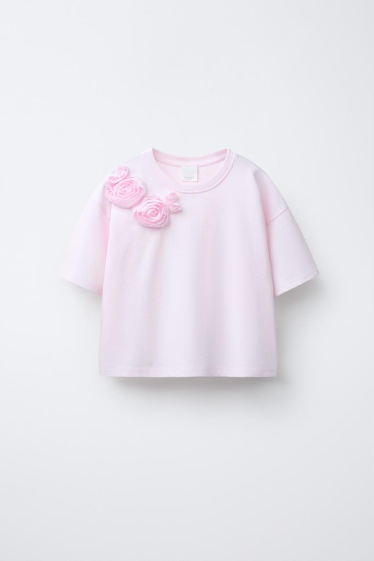 ZARA ФУТБОЛКА С ЦВЕТКОМ ИЗ ОРГАНЗЫ, РОЗОВЫЙ