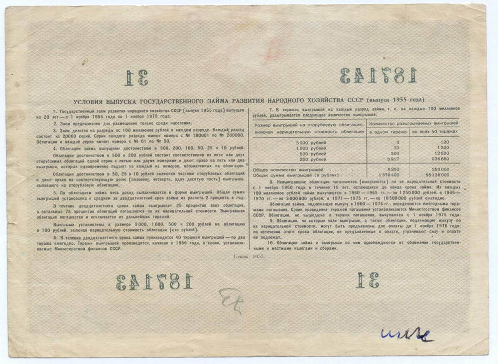 Облигация 25 рублей 1955 год. Серия № 187143. VG (надпись)