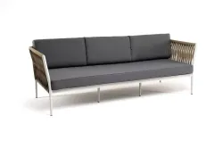 "Касабланка" диван 3-местный плетеный из роупа, каркас алюминий светло-серый (RAL7035) муар, роуп серо-коричневый 23мм, ткань серая 017
