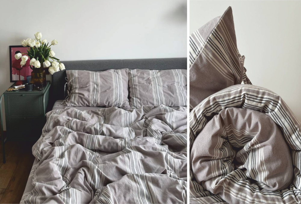 КПБ 2 сп с простыней на рез. 160х200 ВАРЕНЫЙ ХЛОПОК "Широкая серая полоса"