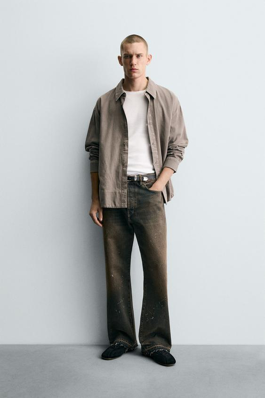 ZARA ДЖИНСЫ СВОБОДНОГО КРОЯ С БРЫЗГАМИ, ПЕСОЧНЫЙ/СИНИЙ