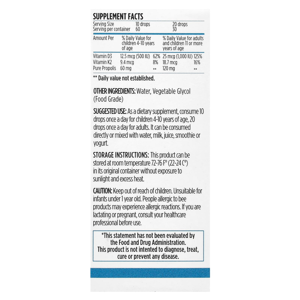 Bee&You, Водорастворимый прополис, витамины D3 и K2, 30 мл (1 жидк. Унция)
