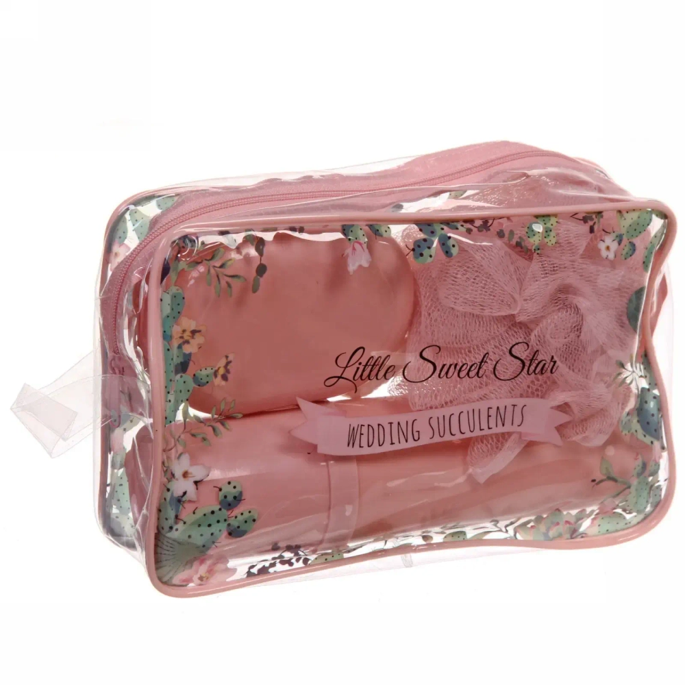 Набор банный дорожный 4шт «Traveler - Cactus», (мочалка, футляр 2шт, расческа), микс три цвета, 20*13*5см,✦