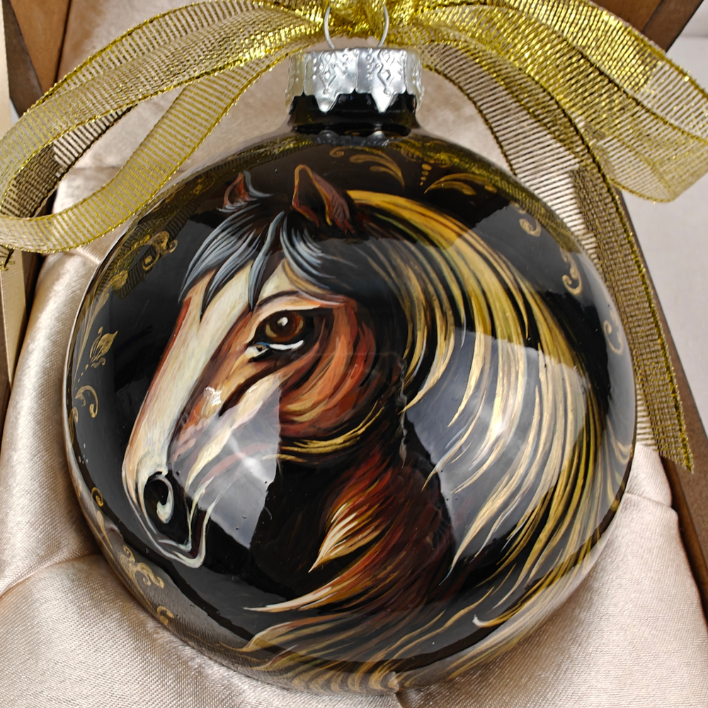 Шар новогодний с круговой росписью Палех "Год лошади" в футляре
