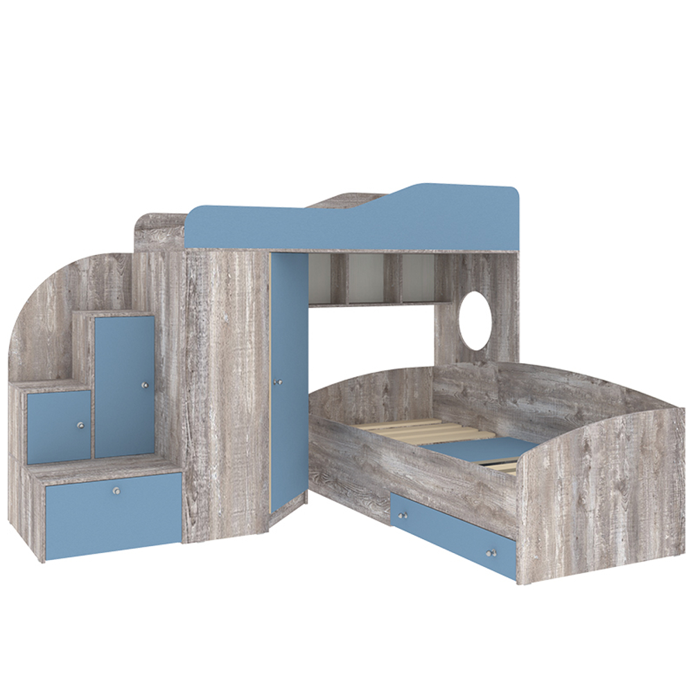 Кровать-чердак КарИВи Кадет 2 Бетон Светло-синий, голубой