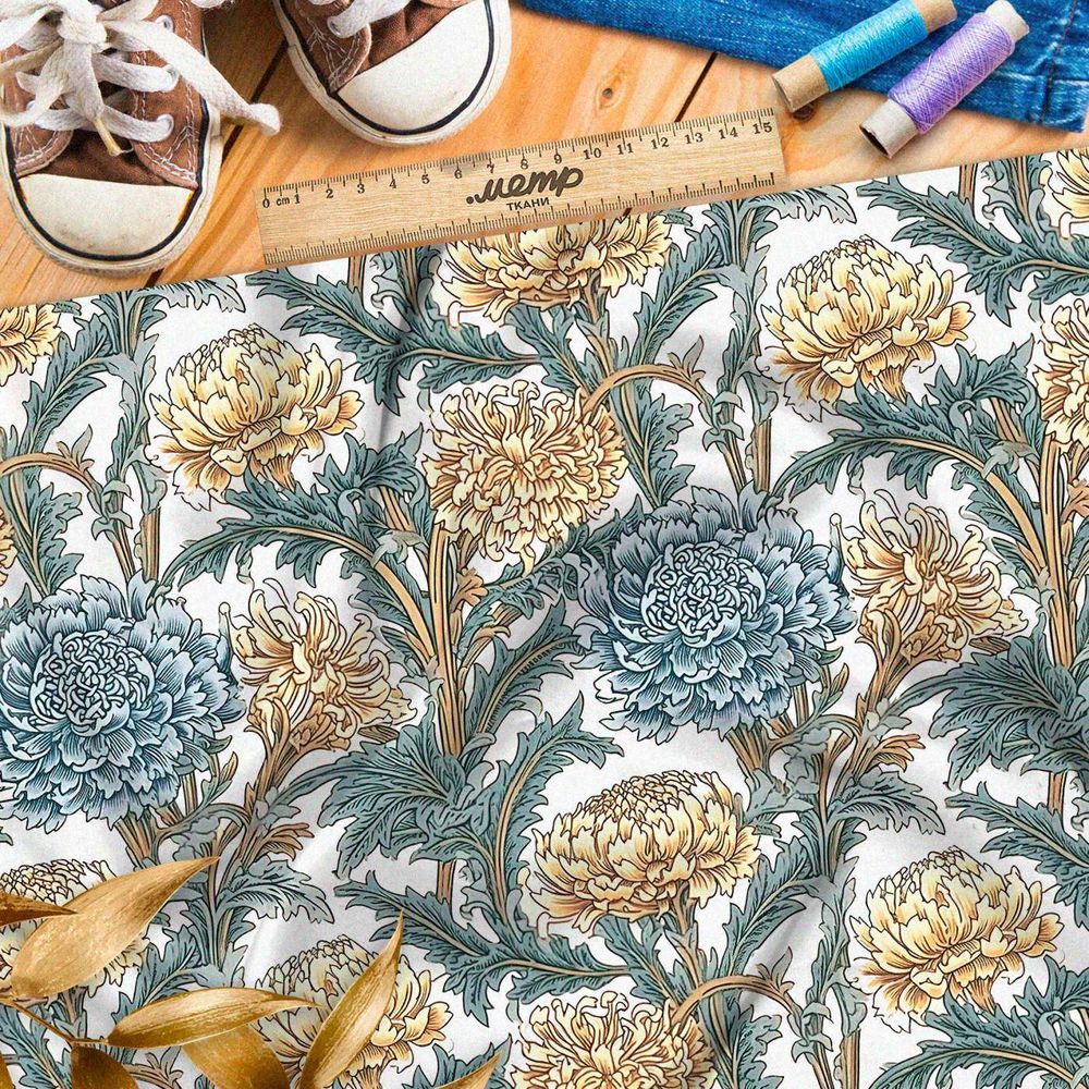 Ткань премиум интерлок графические хризантемы